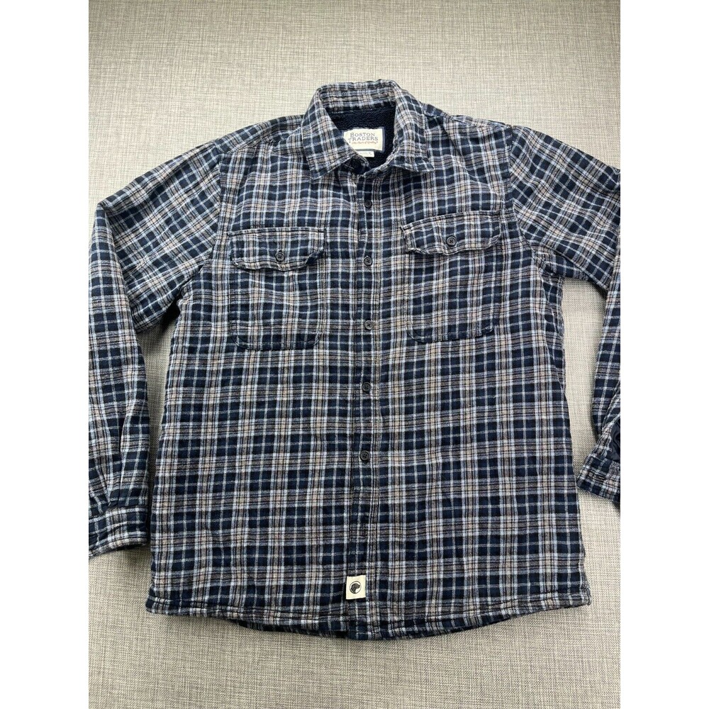 Boston Traders Flannel Shirt Jacket Medium Sherpa Fleece Lined Jacket Blue Plaid